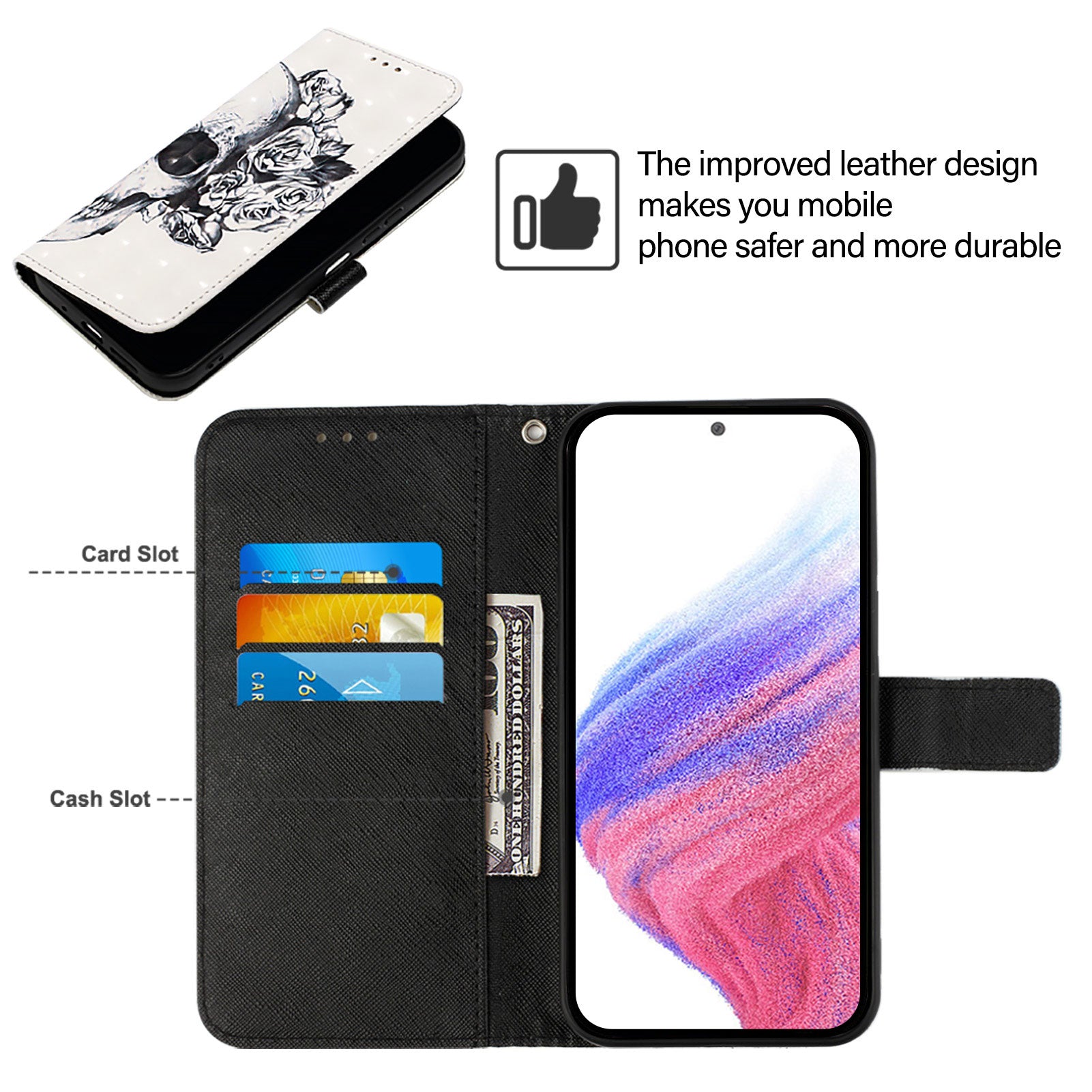For Samsung Galaxy A16 5G / A16 4G Leather Case YB Pattern Printing Leather Series-2 Pattern Printing Wallet Stand Cover - Skull For Samsung Galaxy A16 5G / A16 4G Leather Case YB Pattern Printing Leather Series-2 Pattern Printing Wallet Stand Cover - Skull